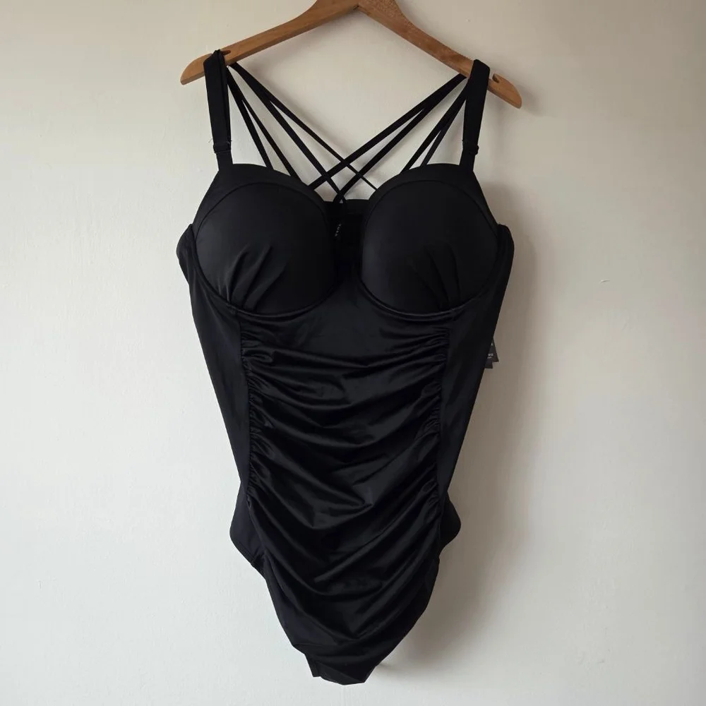 NWT Torrid 4X Black Slim Fix Underwire Strappy Back One Piece Swimsuit Slimming - Picture 4 of 12